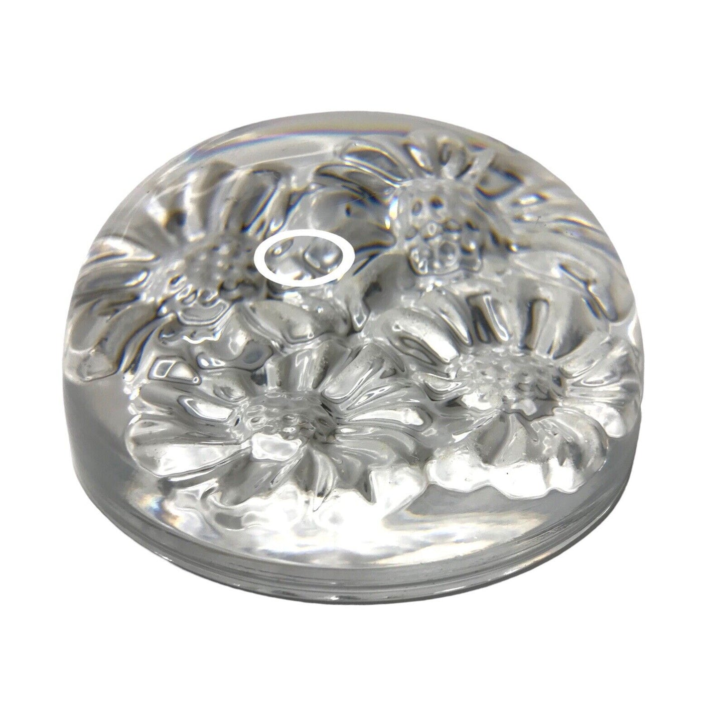 Clear Crystal Paperweight With Flower Daisy Art Glass Semi Circle Flat Base Dome