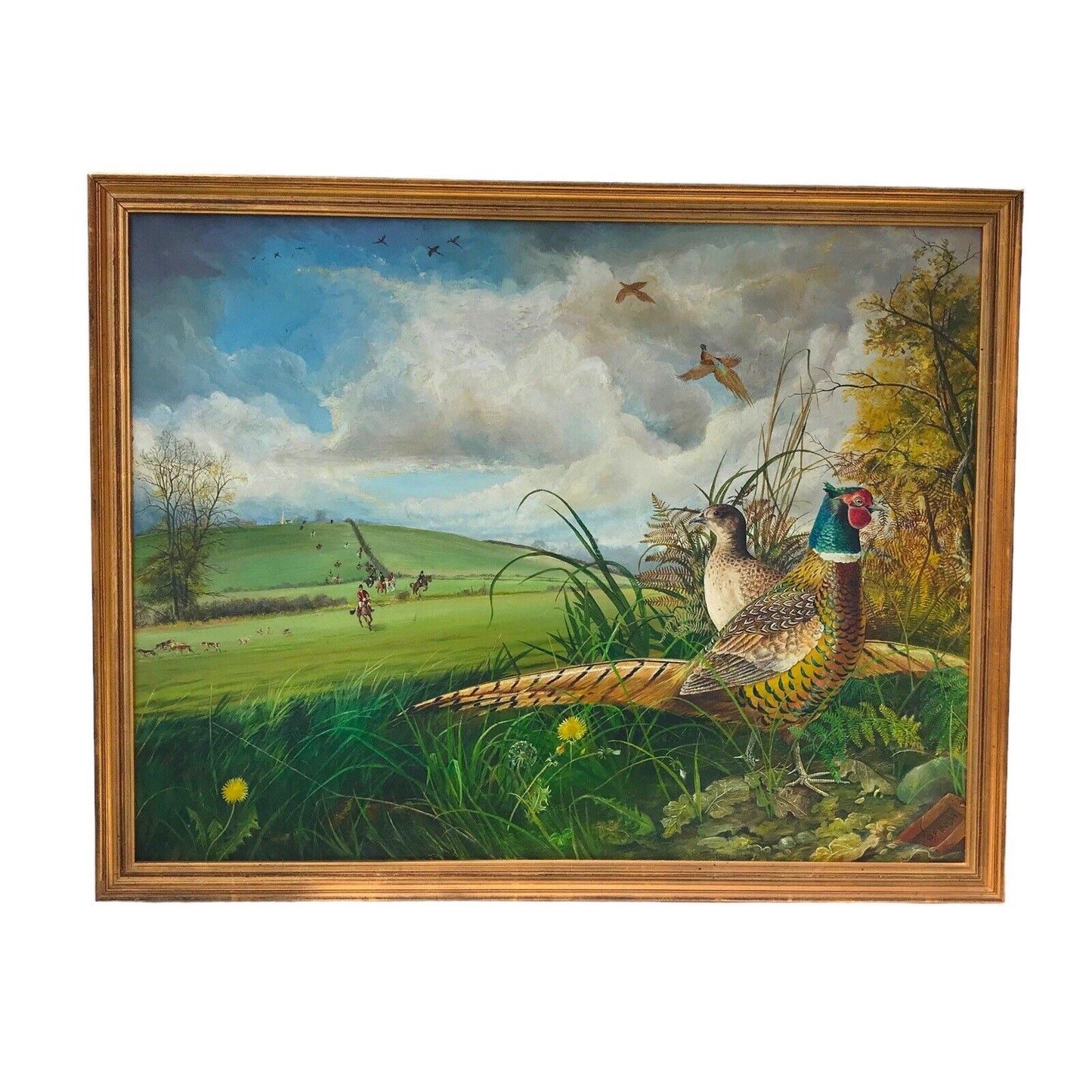 Stunning Large Hunting Scene Pheasants, Original Signed Oil Painting by P. Finch