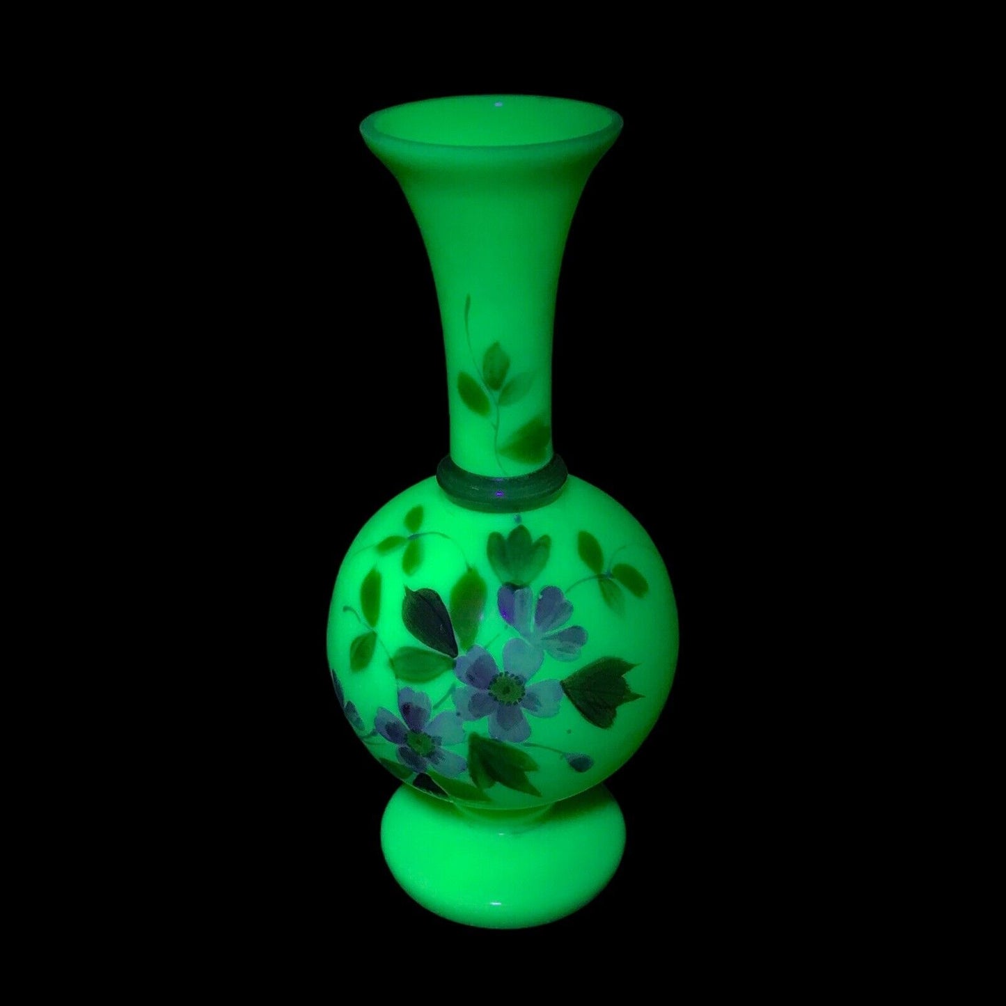 Antique Victorian Bristol Uranium Glass Vase - Floral Custard Milk Glass - 1890s