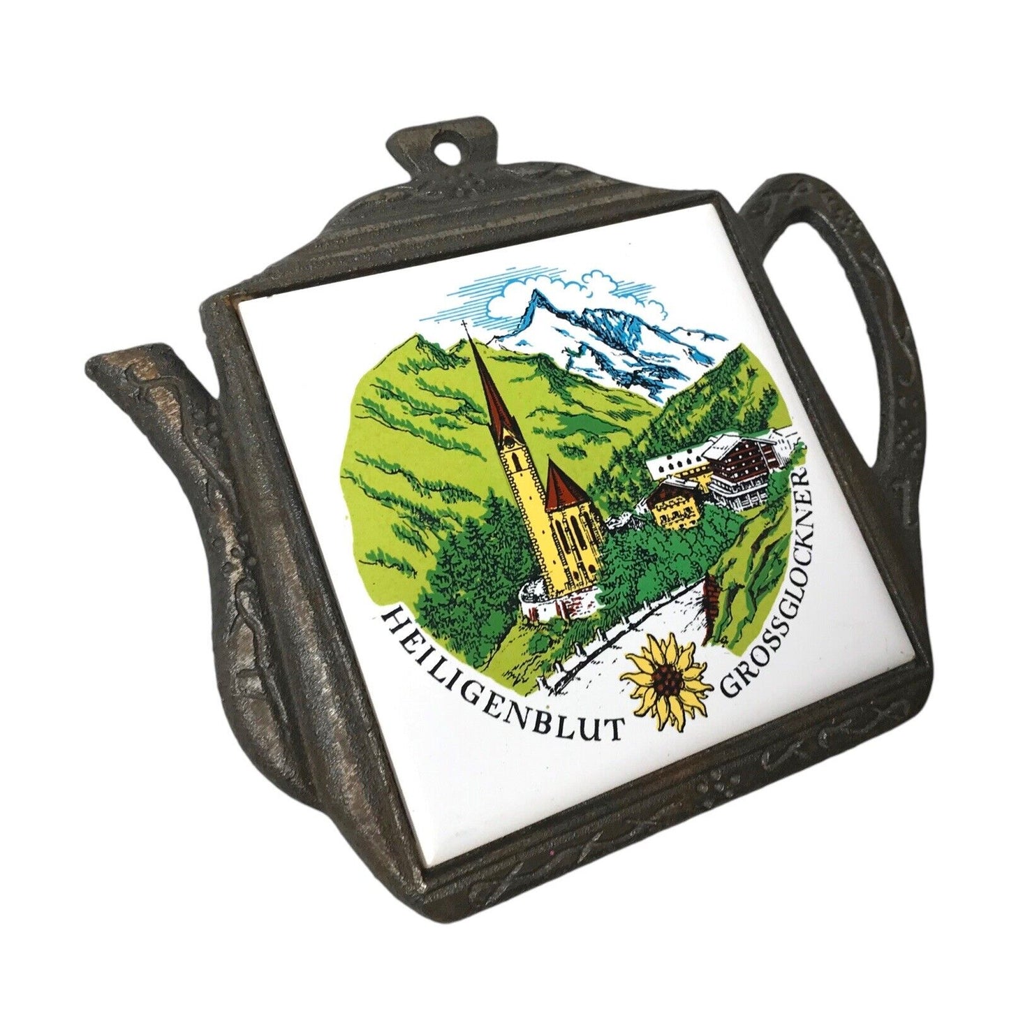 German Brass Teapot Trivet with Heiligenblut Grossglockner Tile | Mid-20th Century