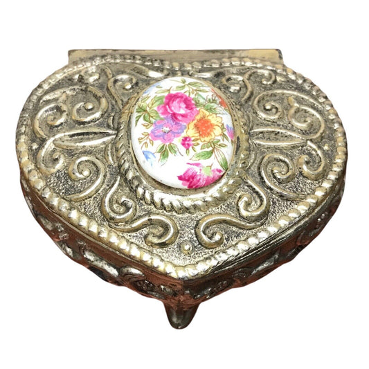 Vintage Heart Metal Casket Trinket Box Keepsake with Porcelain Flower Cameo