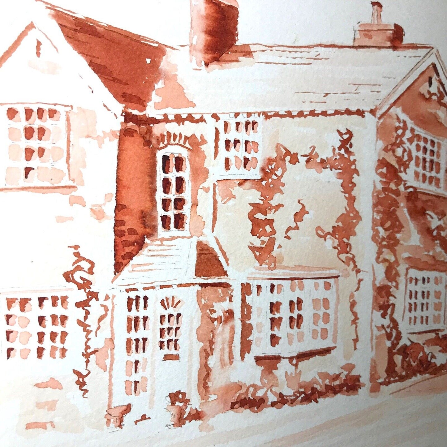 Watercolour or Ink House Home Portrait Painting in a Red Scheme