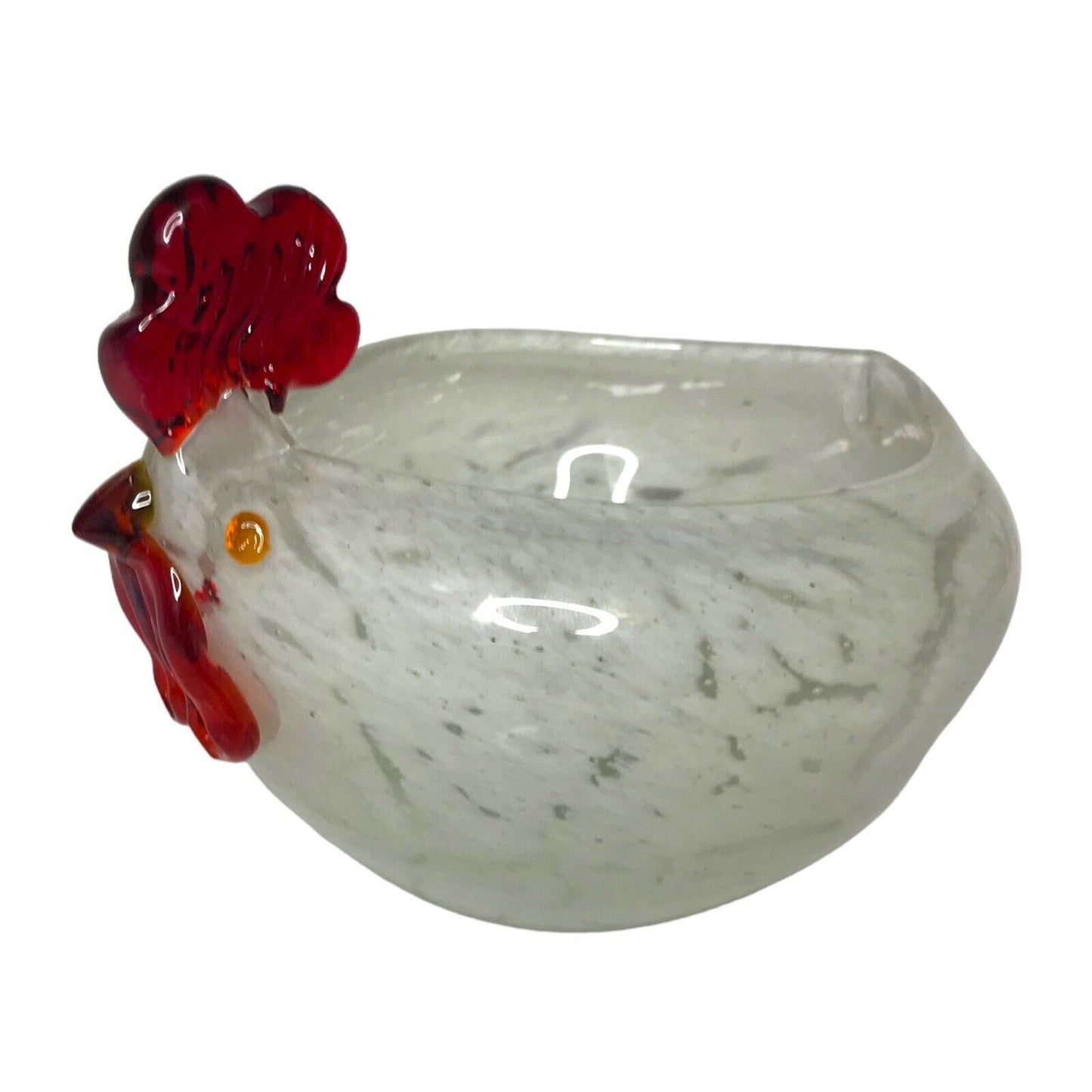 Blown Art Glass Murano Style White Rooster Chicken Hen Figure Bowl