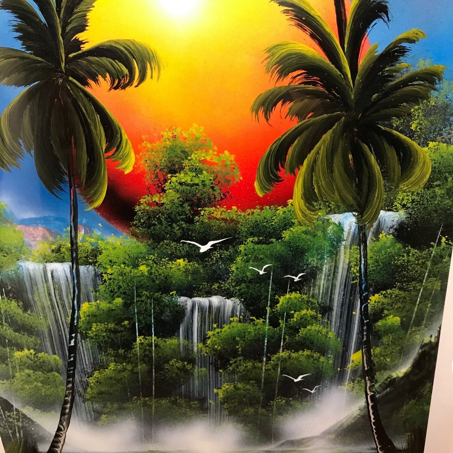 Painting Spray Paint Art of Waterfall with Trees & Sun / Sky Signed