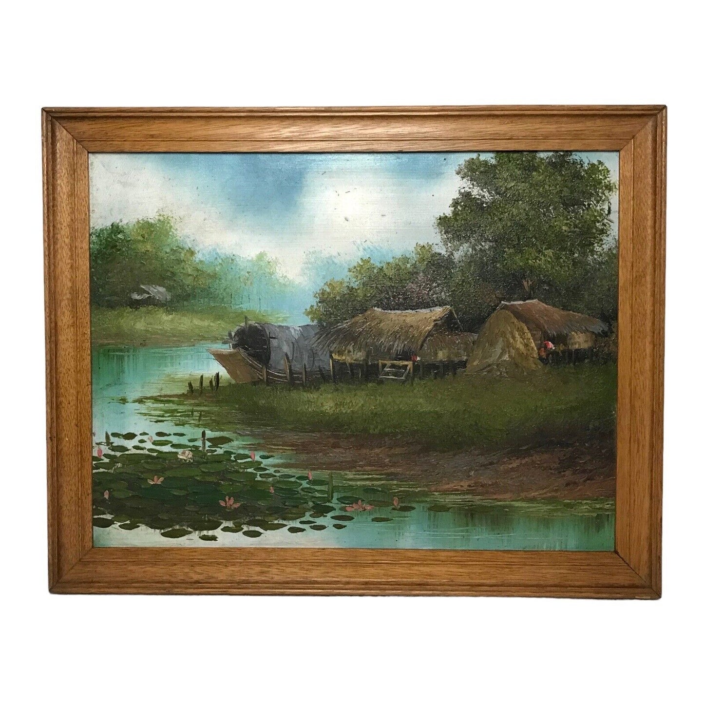 Oriental Oil on Board Painting - Hand Painted Woodland Hey Wooden Huts Framed