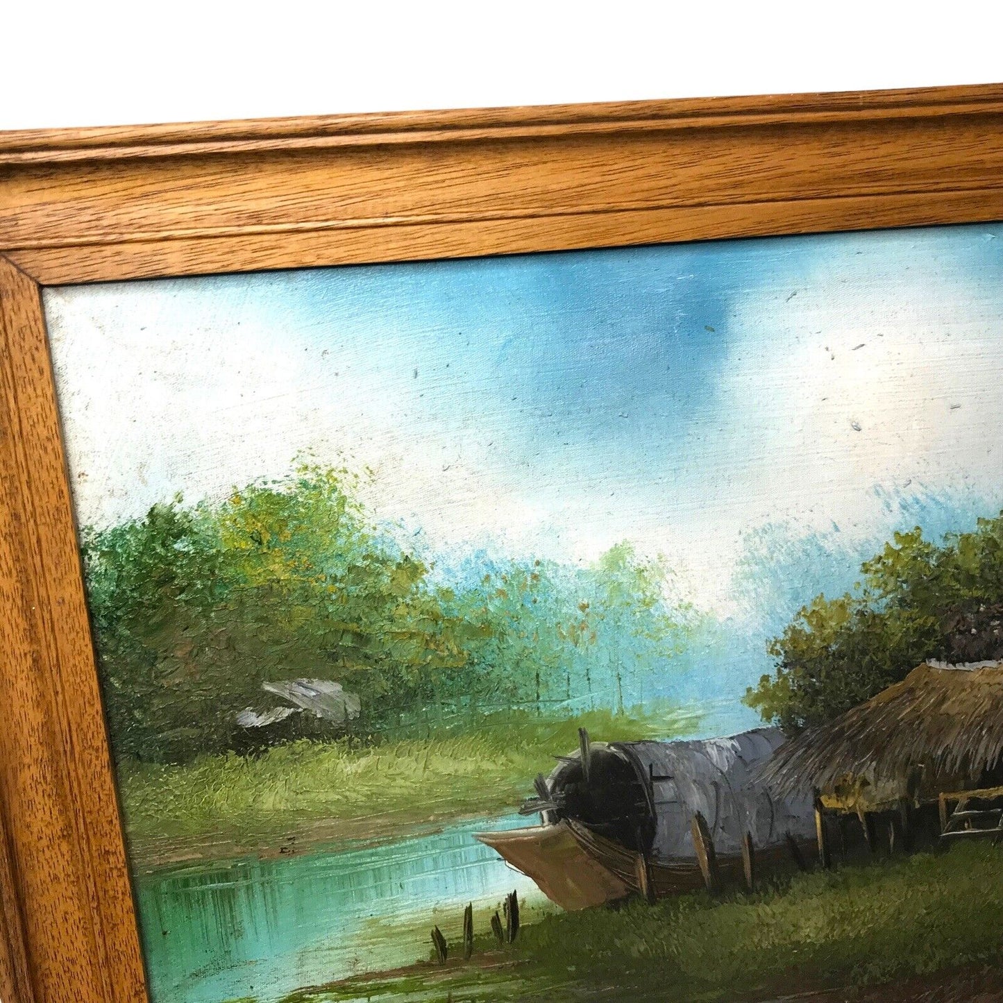 Oriental Oil on Board Painting - Hand Painted Woodland Hey Wooden Huts Framed