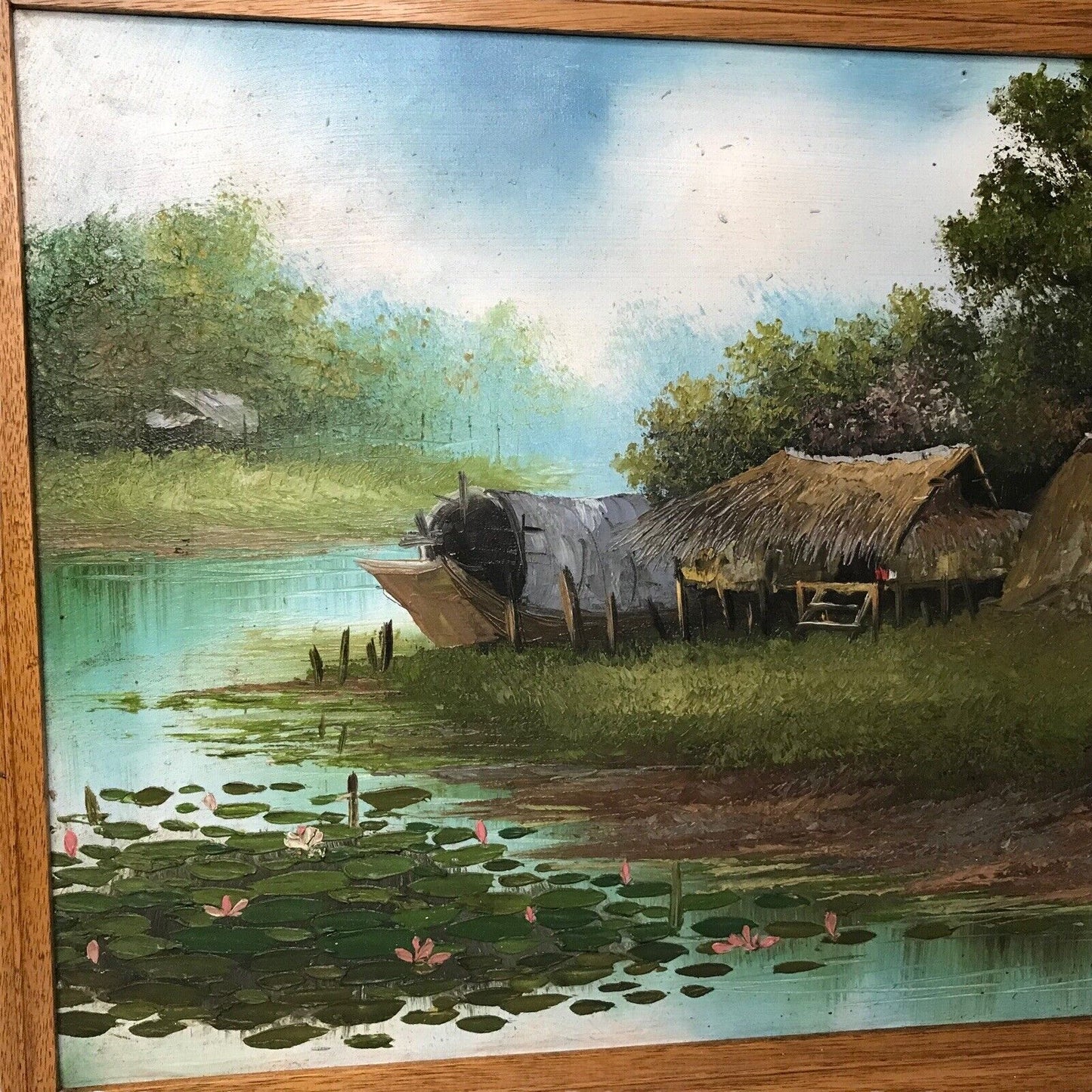 Oriental Oil on Board Painting - Hand Painted Woodland Hey Wooden Huts Framed