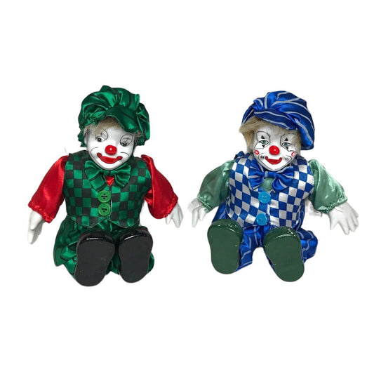 Pair of Vintage Porcelain Clown Dolls | Blue & Green Outfits | Great Condition