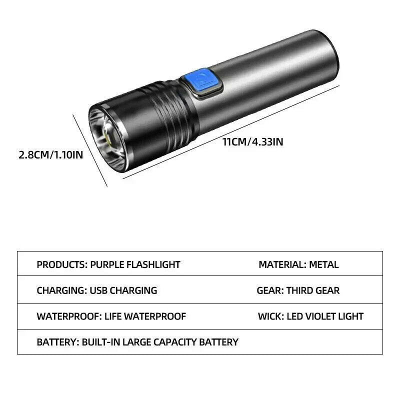 USB Rechargeable 395 LED UV Torch Flashlight Light Ultra Violet Blacklight Zoom