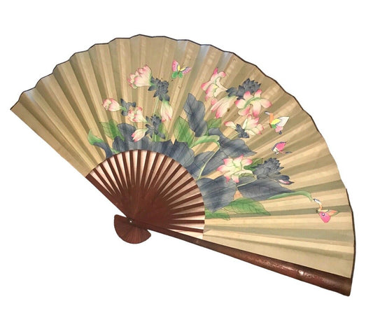 Vintage Asian Oriental Wall Hanging Fan with Butterflies & Floral Scene - Huge