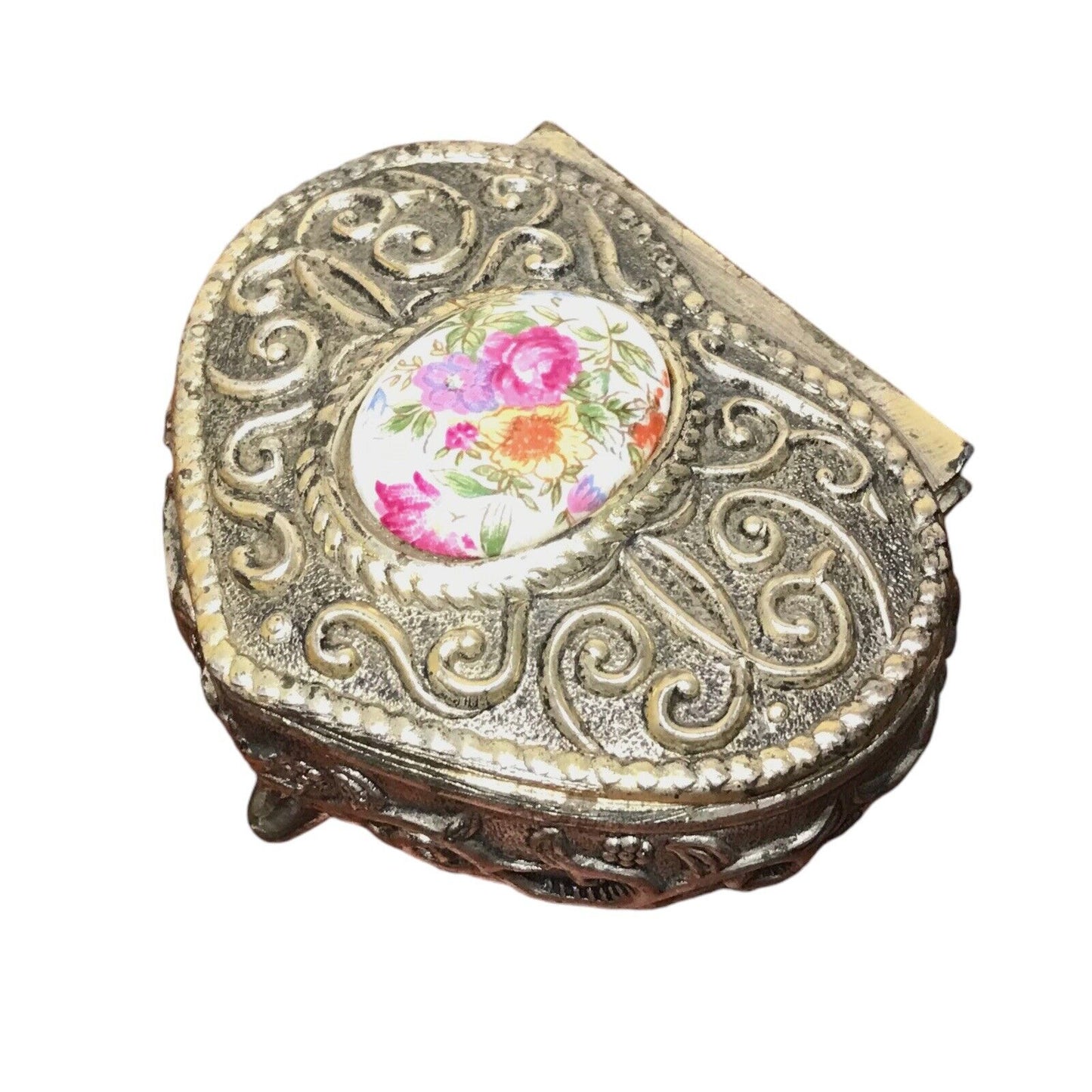 Vintage Heart Metal Casket Trinket Box Keepsake with Porcelain Flower Cameo