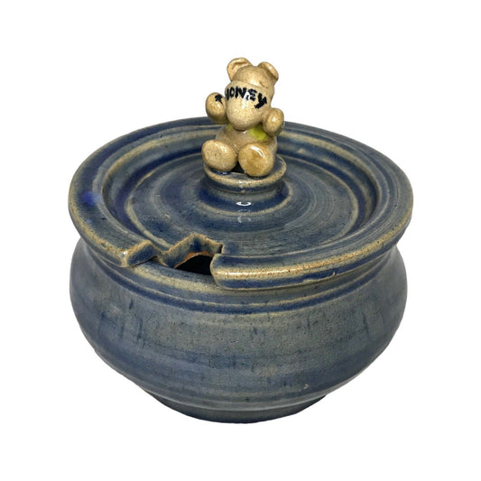 Unique Ceramic Honey Sugar Bowl Pot with Honey Bear on Lid Signed Pottery