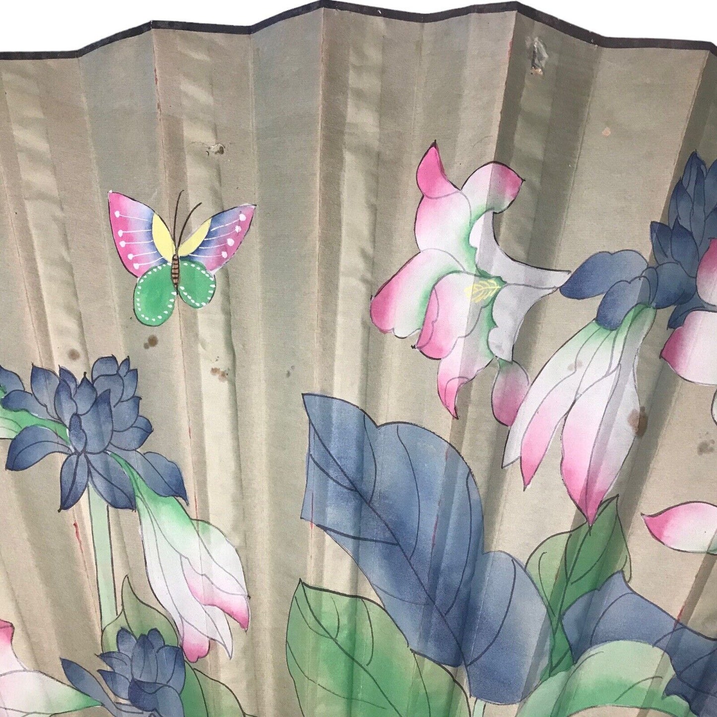 Vintage Asian Oriental Wall Hanging Fan with Butterflies & Floral Scene - Huge