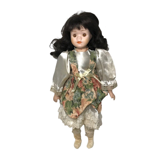 Vintage Porcelain Doll - Brunette Curly Hair with Brown Eyes Satin Flower Dress