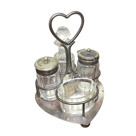 Vintage Early 20th Century Cruet Set 4-Piece Silverplate Heart Shaped Handle