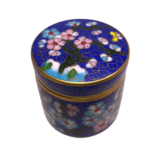 Vintage Chinese Cloisonne Floral Enamel Covered Trinket Pill Box Jar Dish