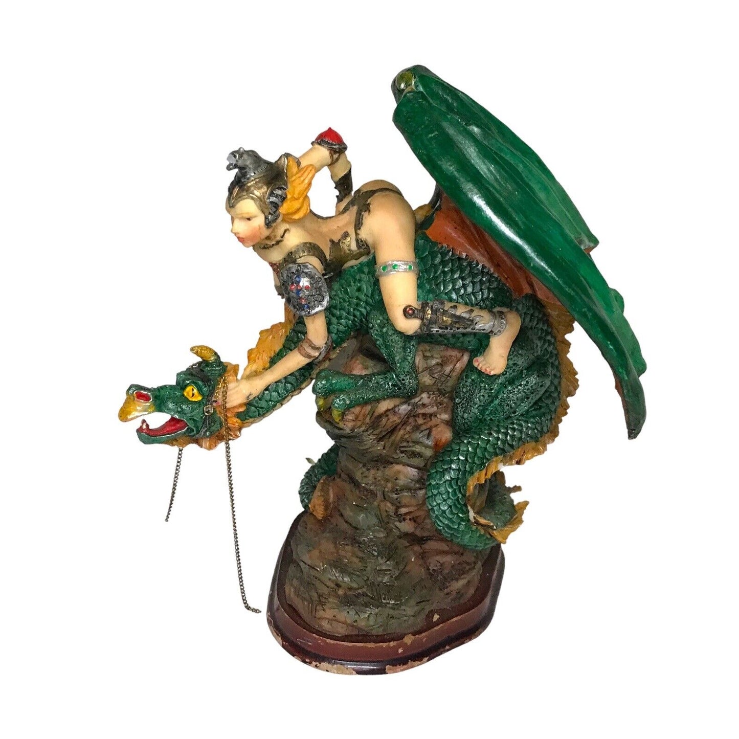 Amazonian Warrior Sitting on Green Dragon Mythical Fantasy Woman Dragon Rider