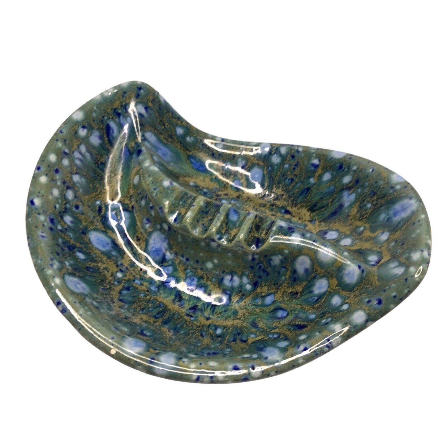 Handmade Ceramic Ashtray Mid Century - Organic Leaf Green with Blue Speckles