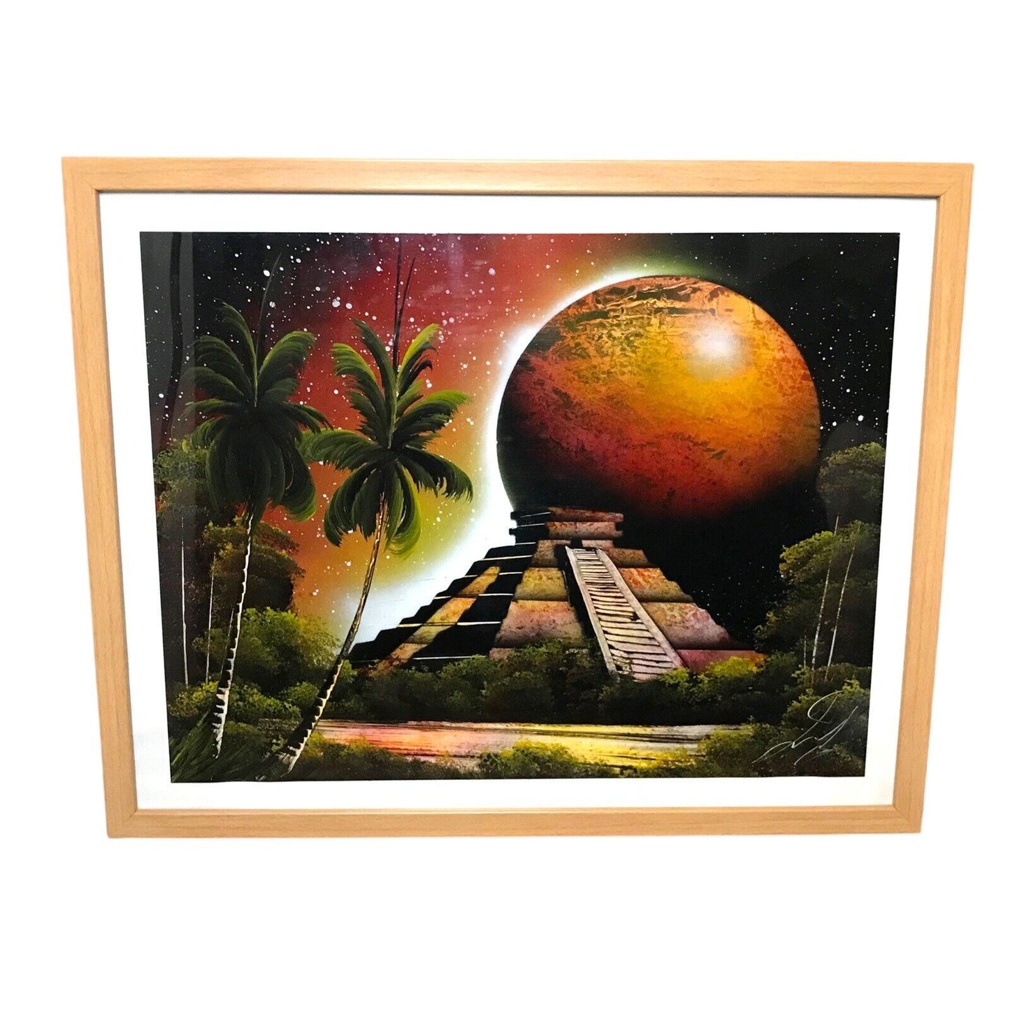 Vintage Spray Paint Art Signed | Pyramid & Cosmic Scene | Framed | Stunning