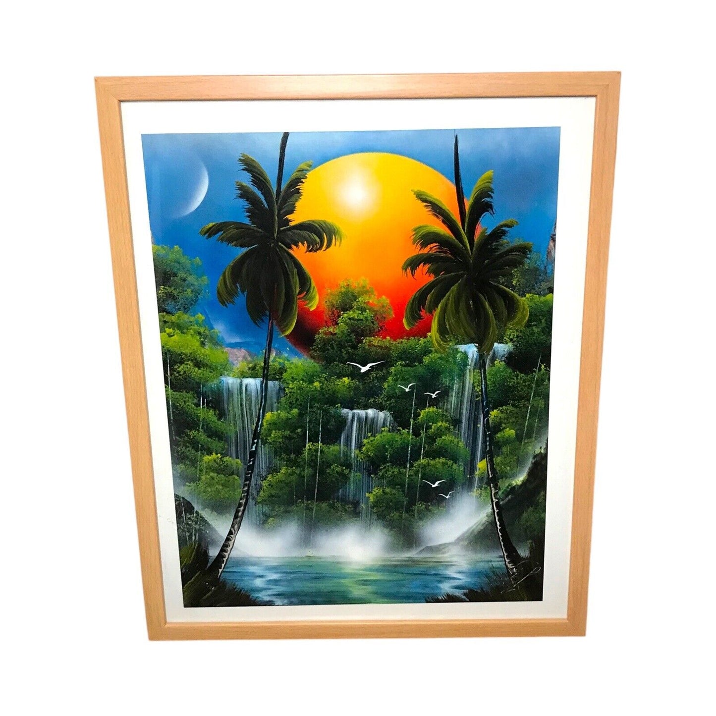 Painting Spray Paint Art of Waterfall with Trees & Sun / Sky Signed