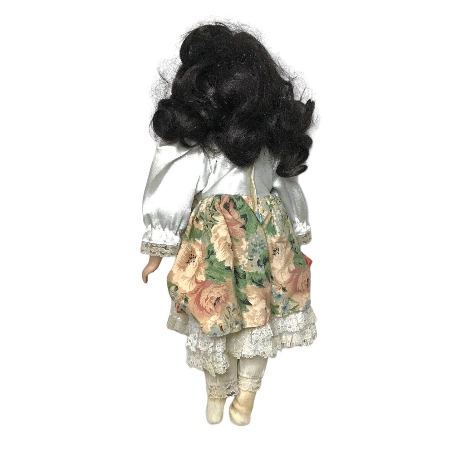 Vintage Porcelain Doll - Brunette Curly Hair with Brown Eyes Satin Flower Dress