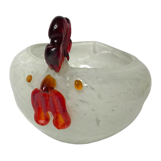 Blown Art Glass Murano Style White Rooster Chicken Hen Figure Bowl