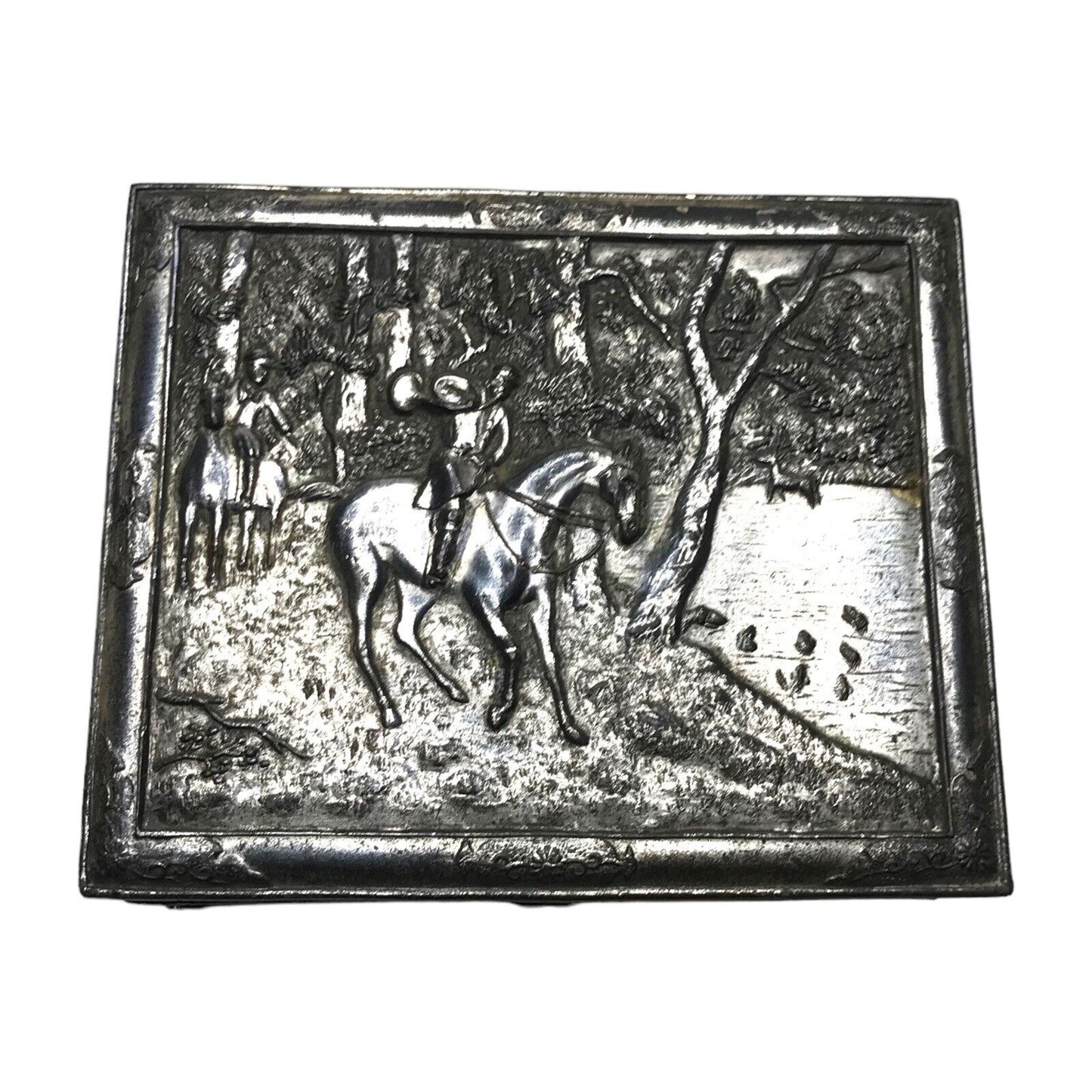 Embossed Silver Metal Snuff Box Tin Horses with Rider - Vintage Made In Japan