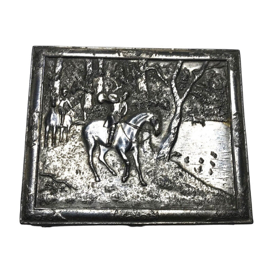 Embossed Silver Metal Snuff Box Tin Horses with Rider - Vintage Made In Japan