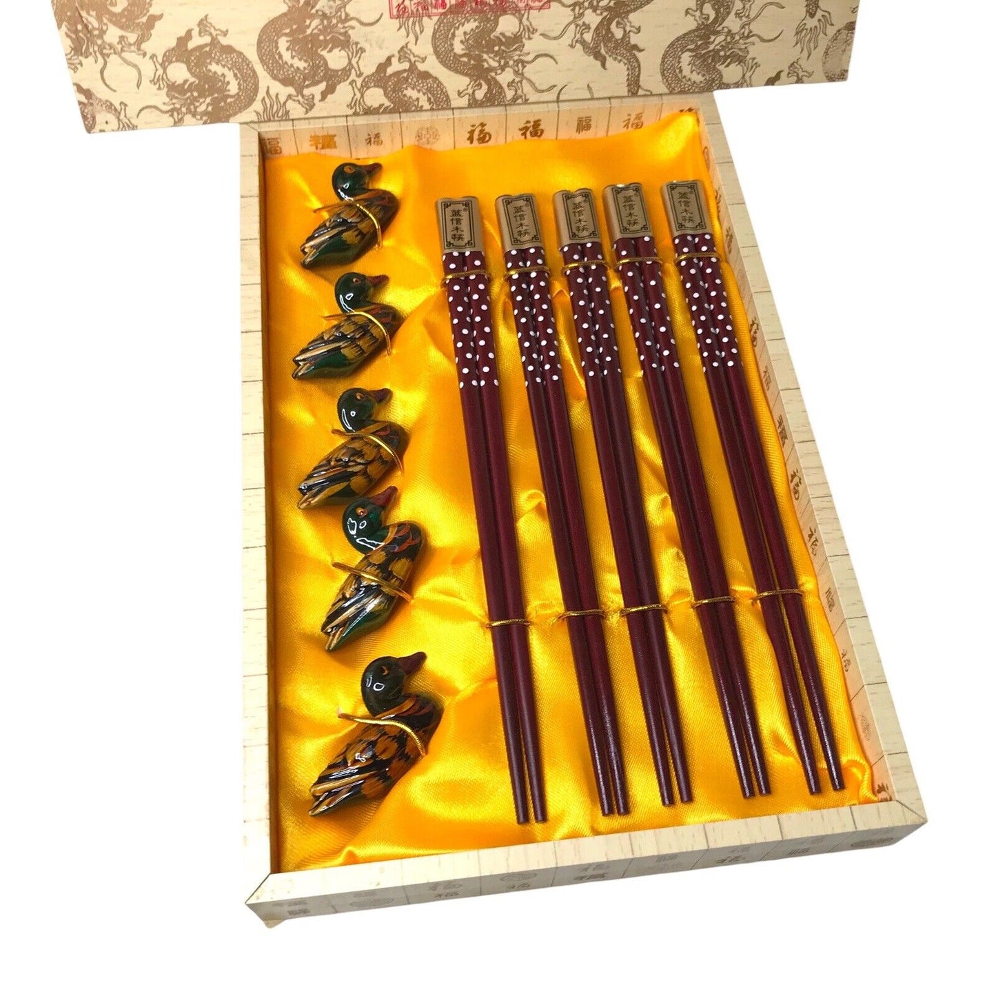 Vintage Chinese Chopsticks With Duck Rests - Set For 5 Wooden Lacquered - Unused