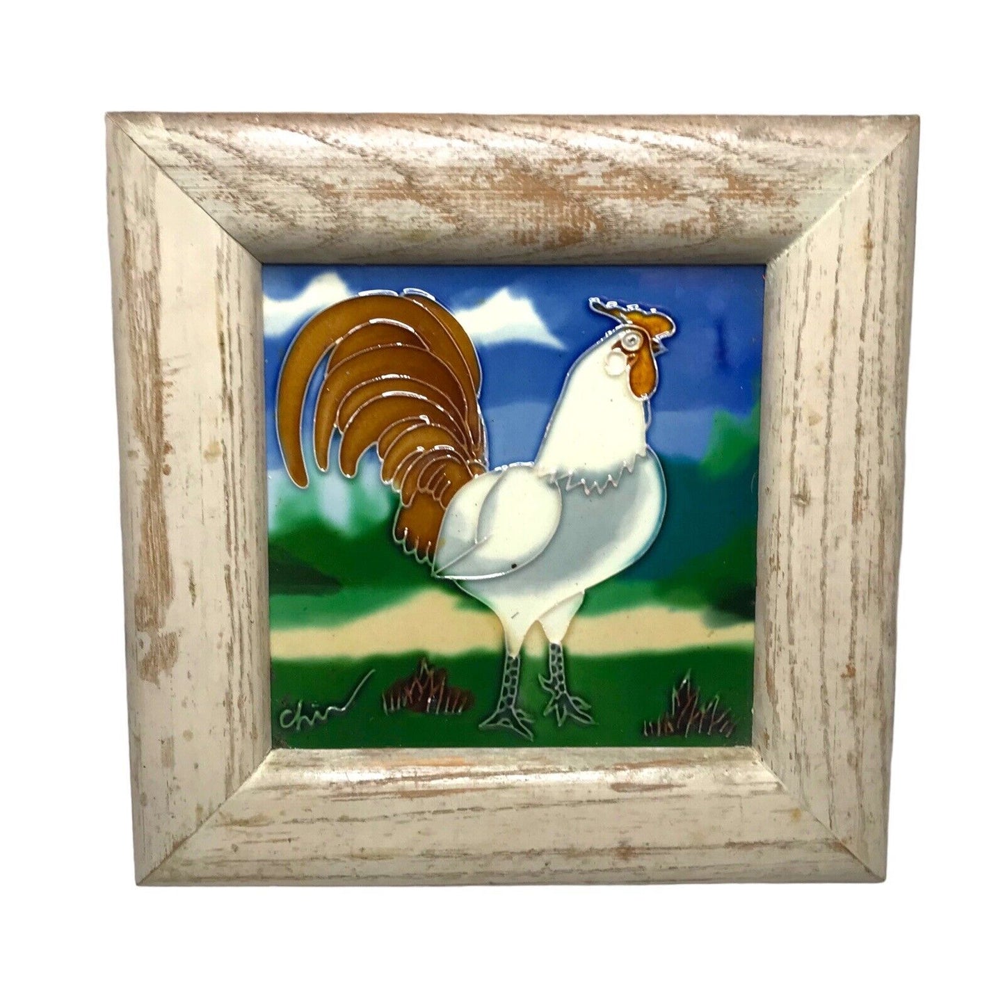 Framed Ceramic Art Tile of White Cockerel Rooster Chicken Handpainted Wall Art