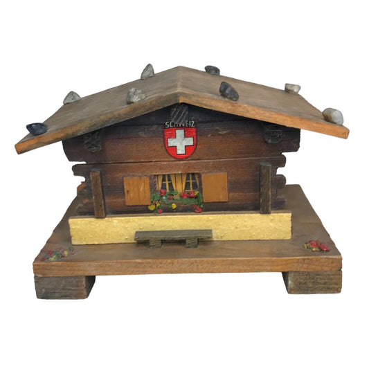 Vintage Swiss Alpine Chalet Wooden Music Trinket Jewellery Box Vintage Working