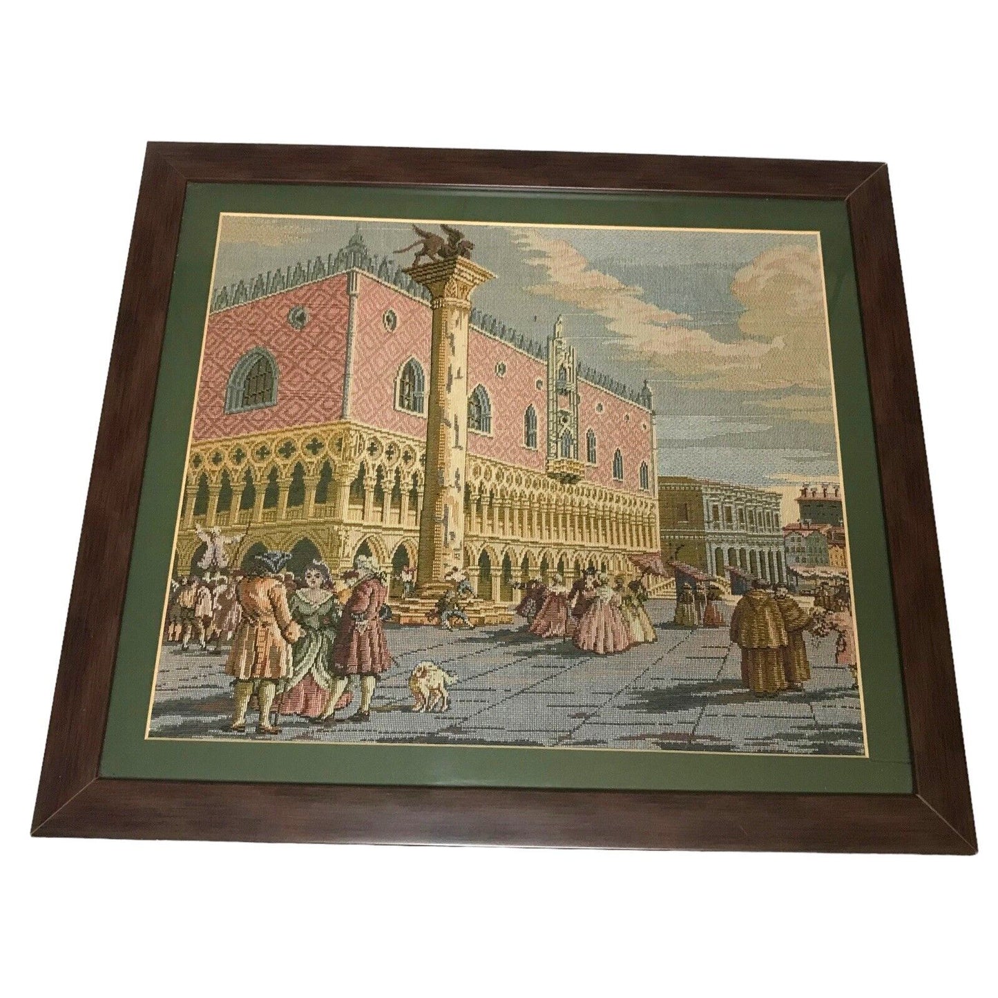 Vintage Framed Italian Tapestry of San Marco St. Marks Square Dogs Palace Venice