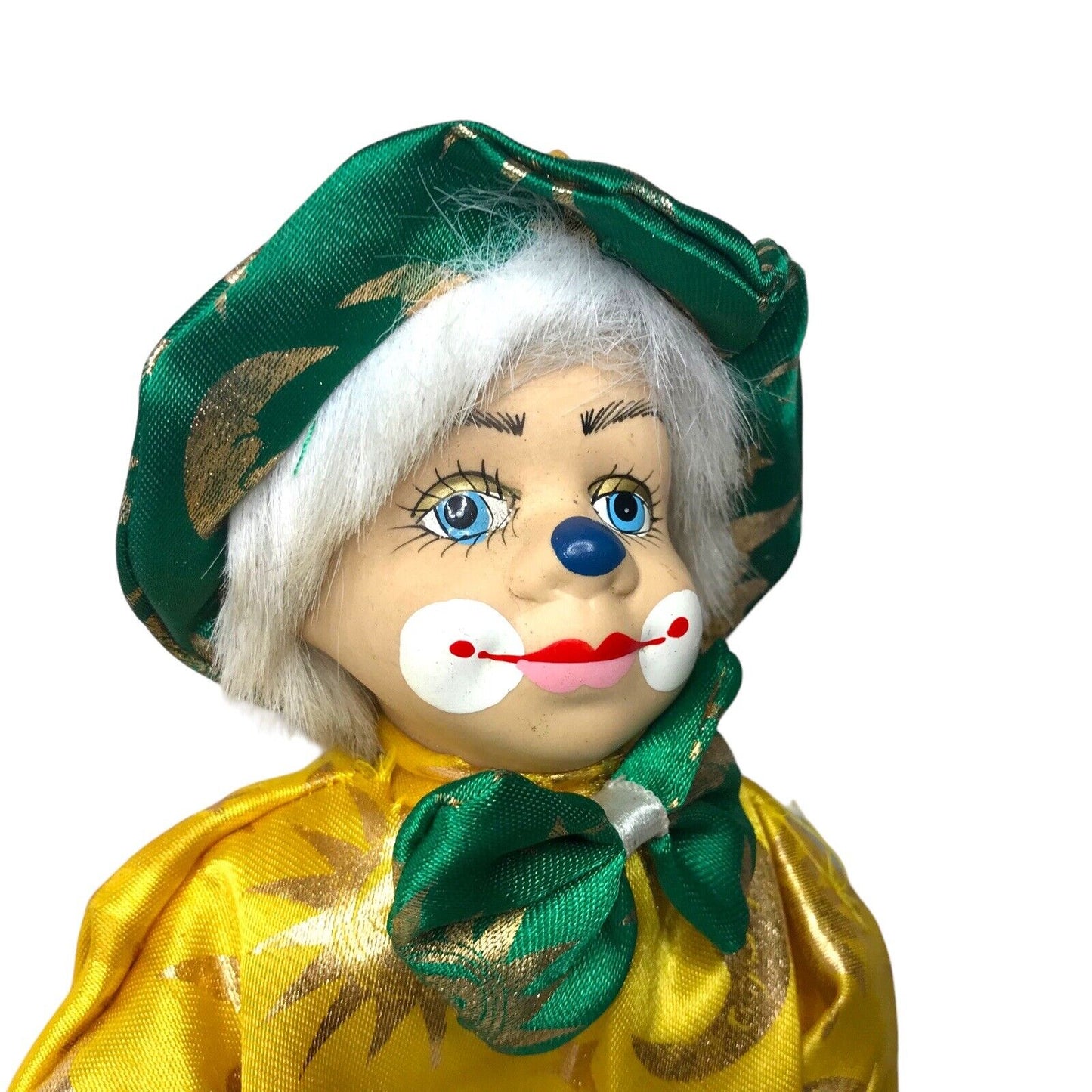 Vintage Porcelain Clown Doll | Yellow & Green Sun and Moon Outfit | Mid-20th Century