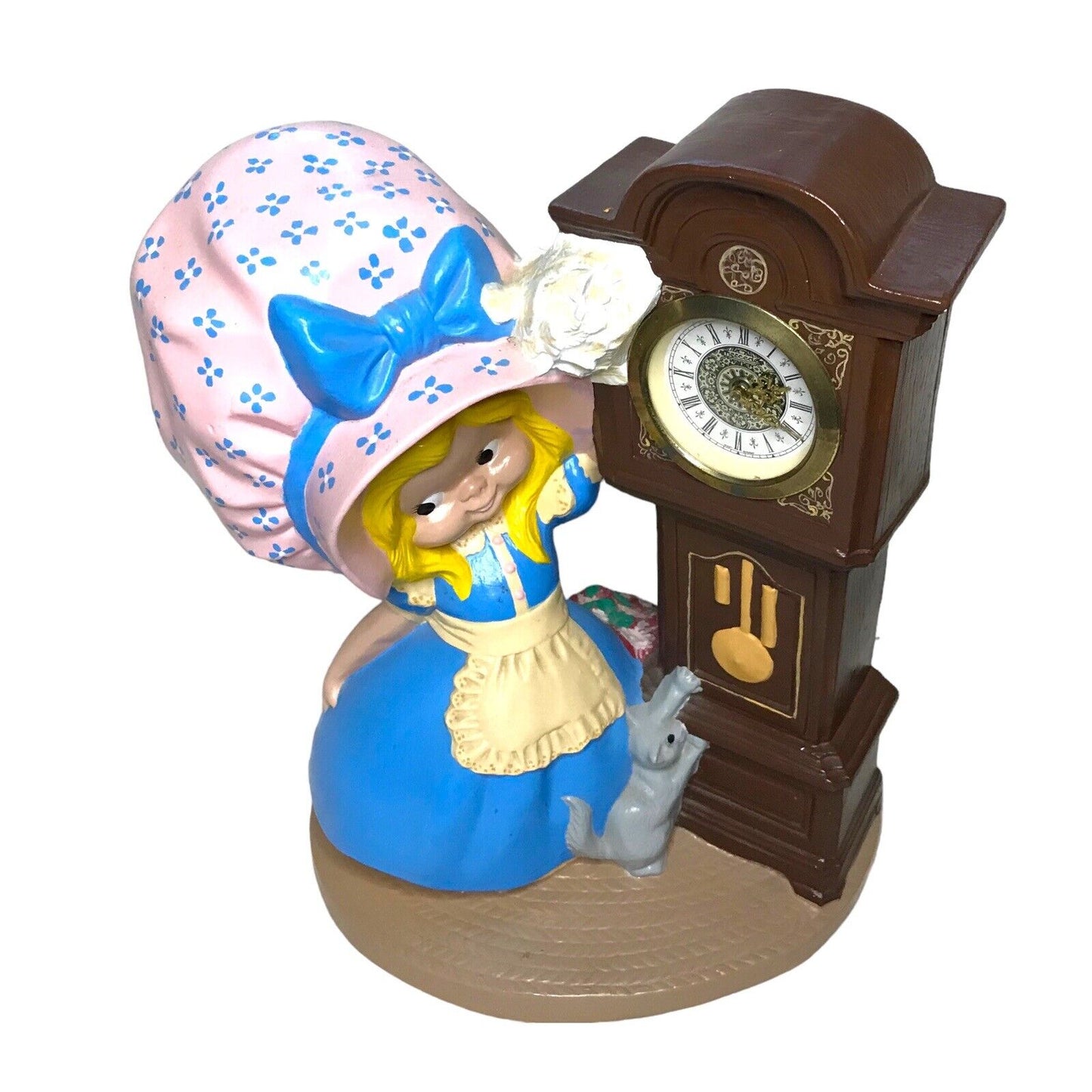 Byron Molds Girl With Bonnet And Cat with Wind Up Grandfather Clock West Germany