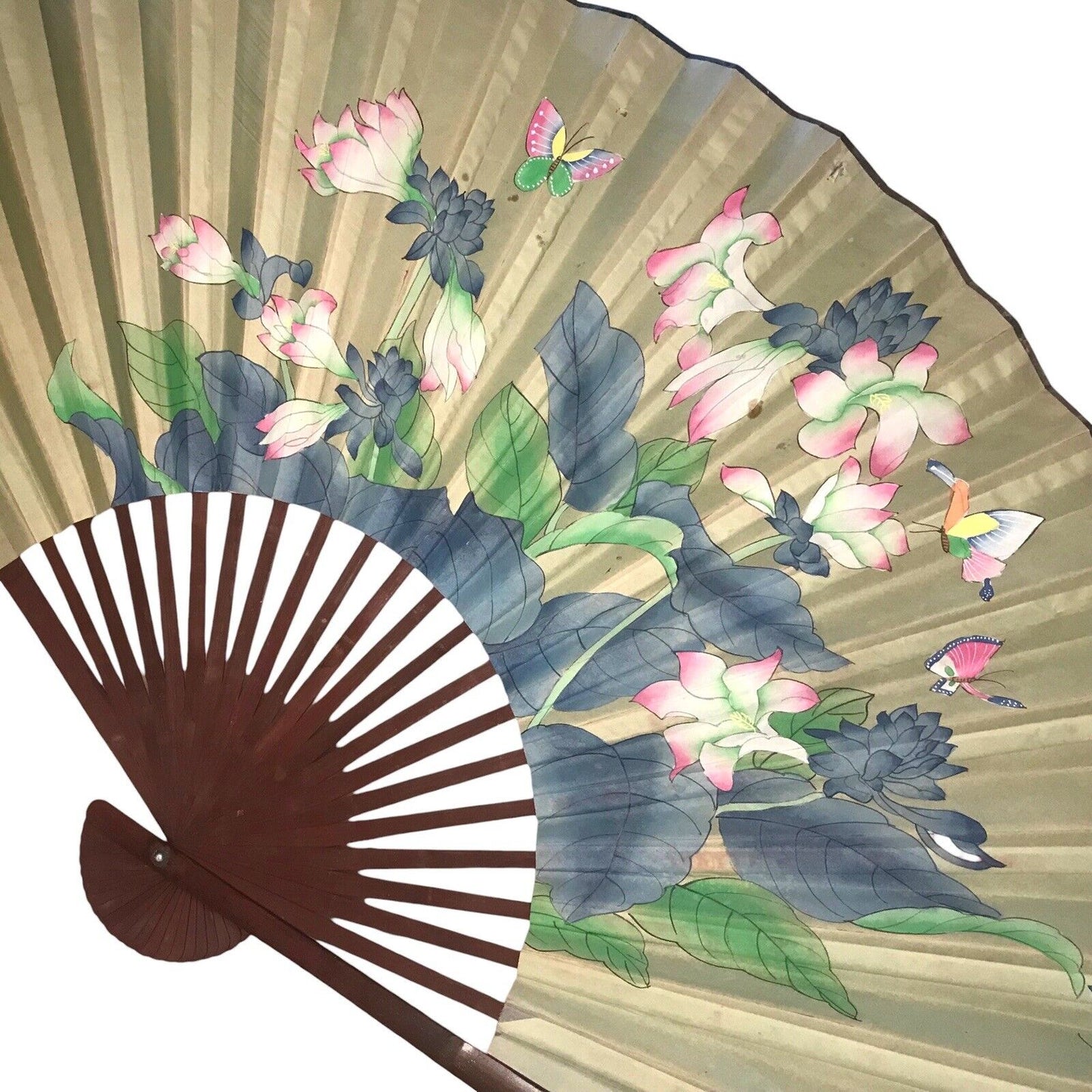 Vintage Asian Oriental Wall Hanging Fan with Butterflies & Floral Scene - Huge