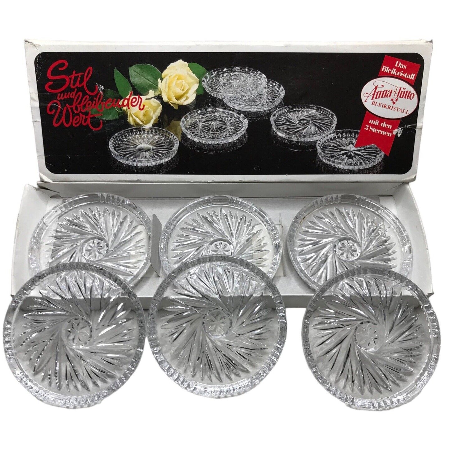 Vintage Anne Hutte Set of 6x Lead Crystal Coasters - 24% PbO Echtbleikristall