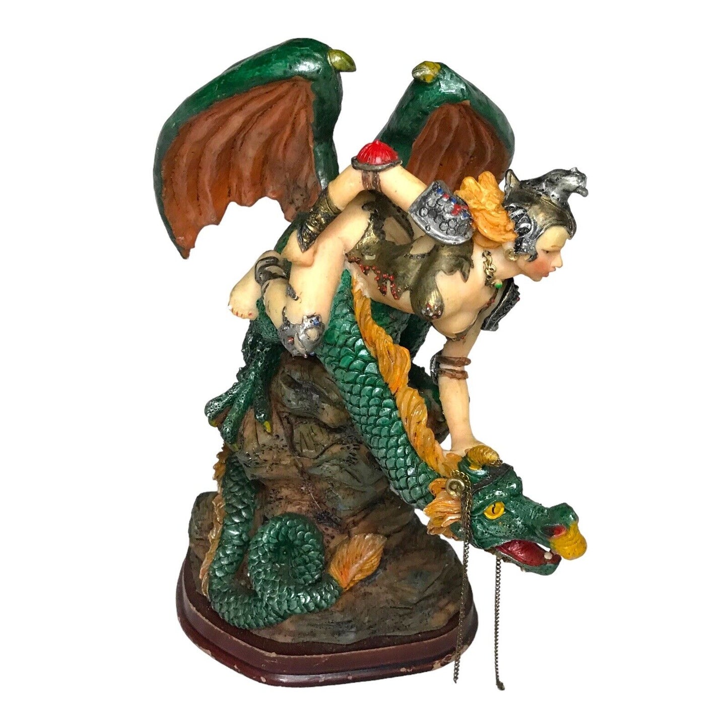 Amazonian Warrior Sitting on Green Dragon Mythical Fantasy Woman Dragon Rider