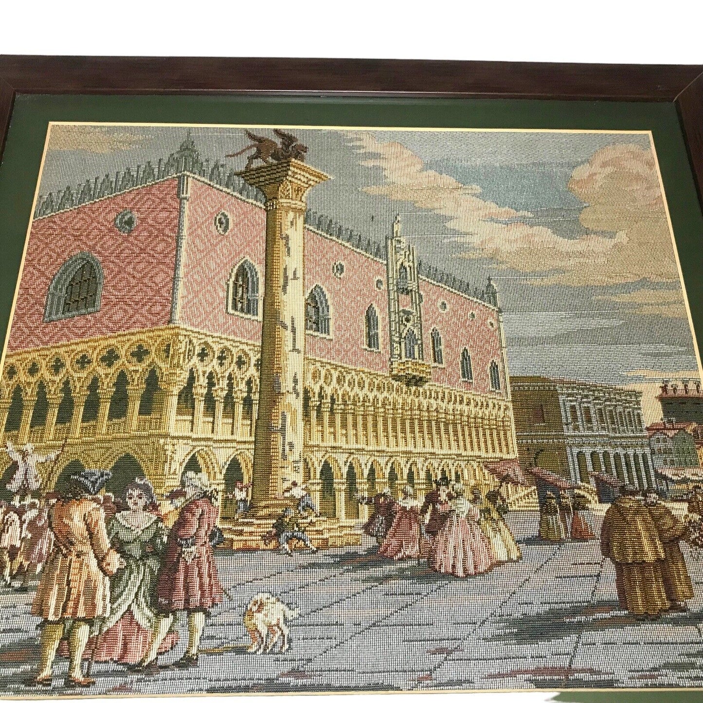 Vintage Framed Italian Tapestry of San Marco St. Marks Square Dogs Palace Venice