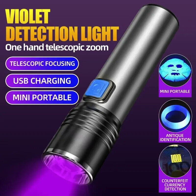 USB Rechargeable 395 LED UV Torch Flashlight Light Ultra Violet Blacklight Zoom