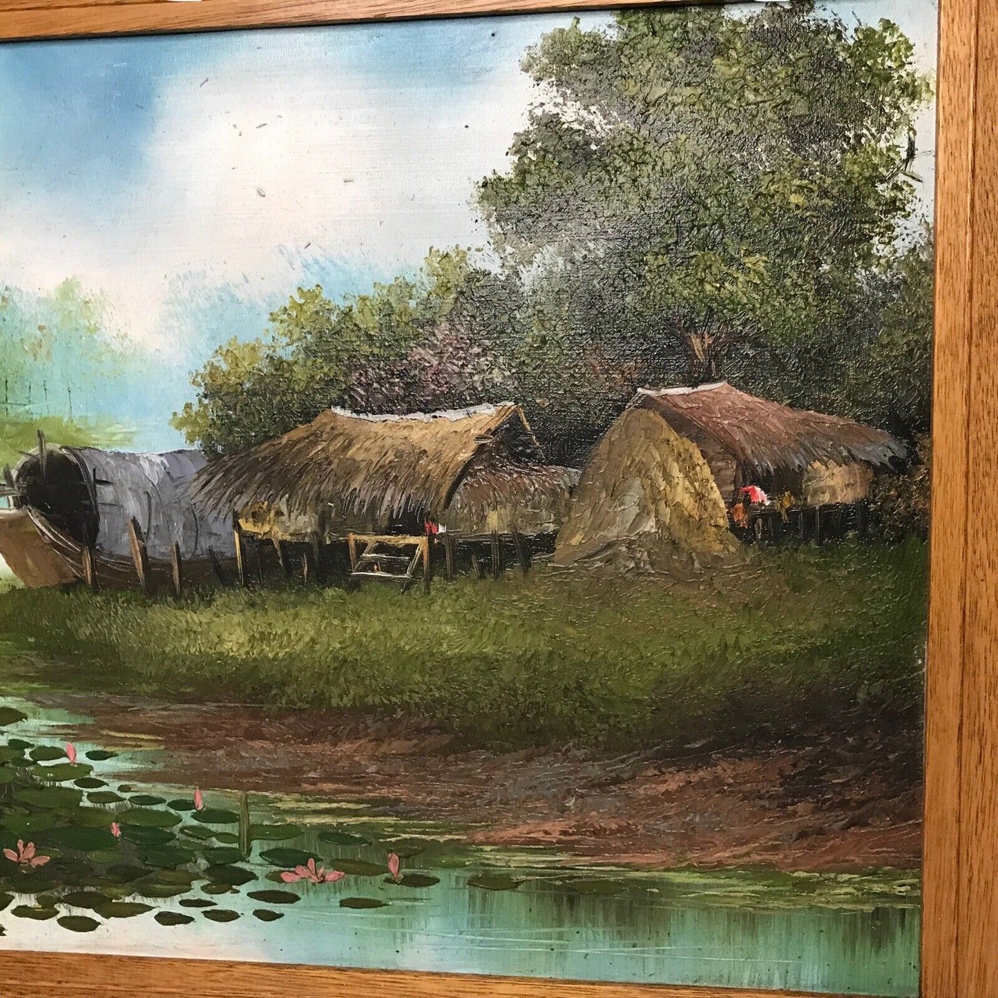 Oriental Oil on Board Painting - Hand Painted Woodland Hey Wooden Huts Framed