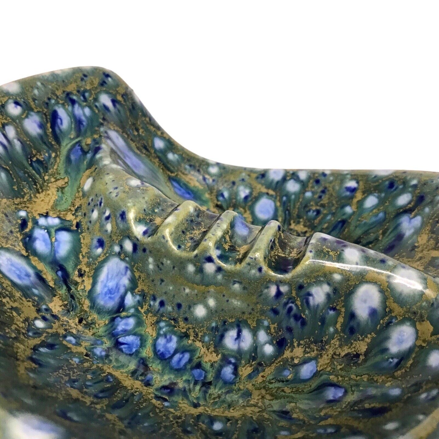 Handmade Ceramic Ashtray Mid Century - Organic Leaf Green with Blue Speckles