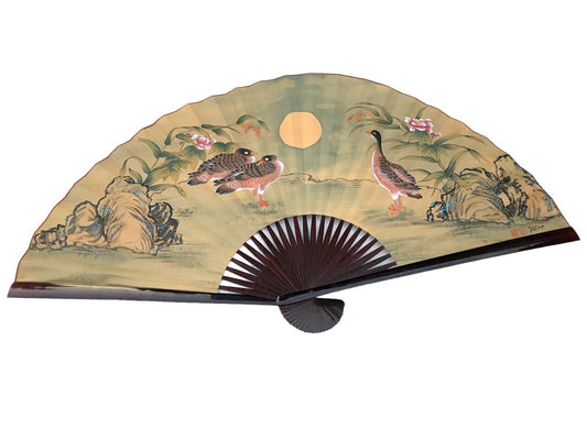 Vintage Oriental Wall Hanging Fan | Large Asian Decor with Ducks & Moon Scene