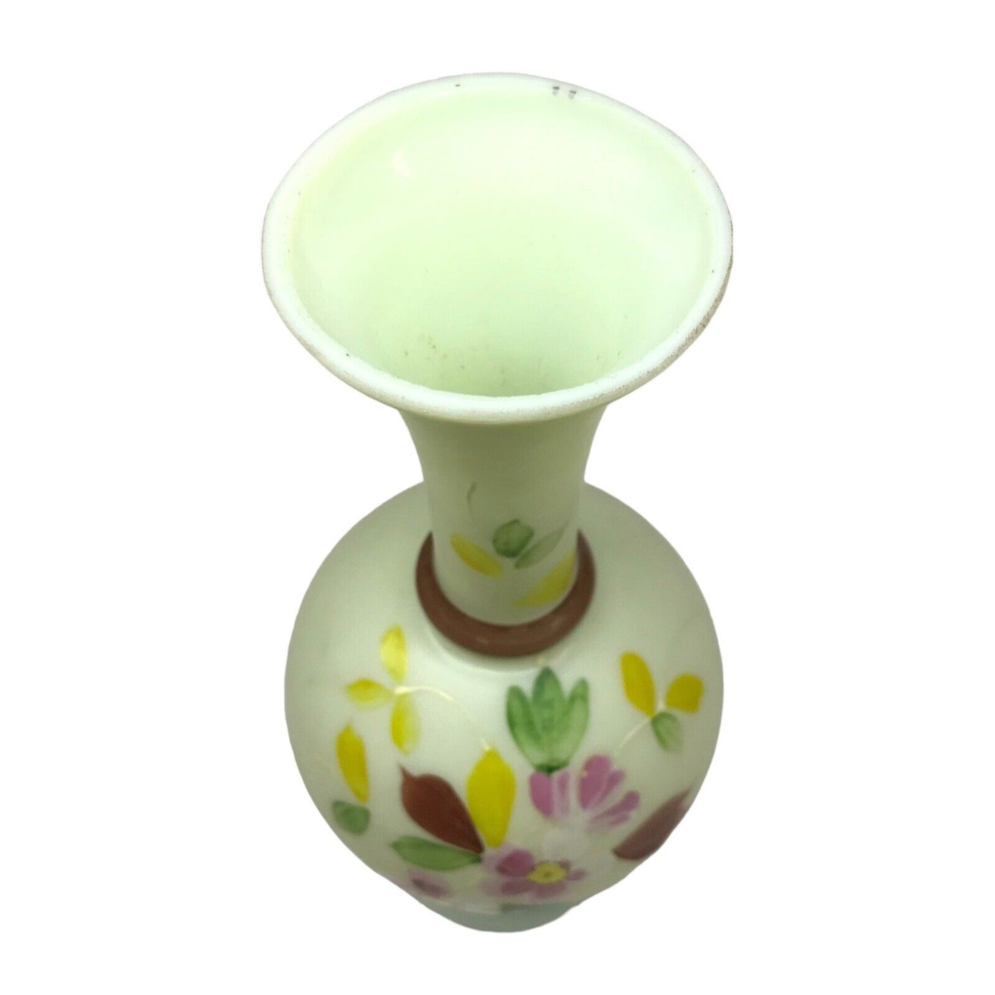 Antique Victorian Bristol Uranium Glass Vase - Floral Custard Milk Glass - 1890s