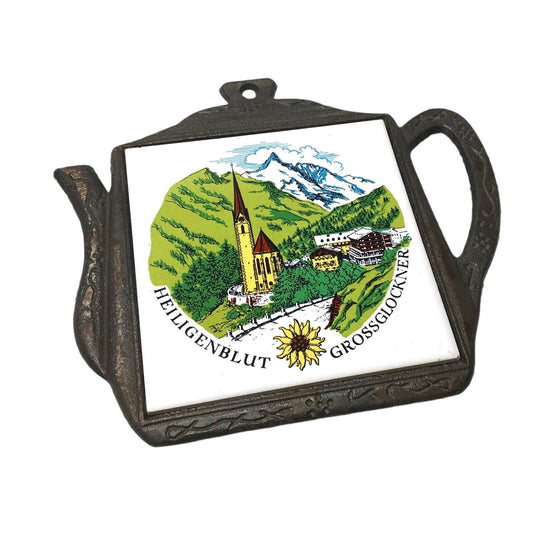 German Brass Teapot Trivet with Heiligenblut Grossglockner Tile | Mid-20th Century