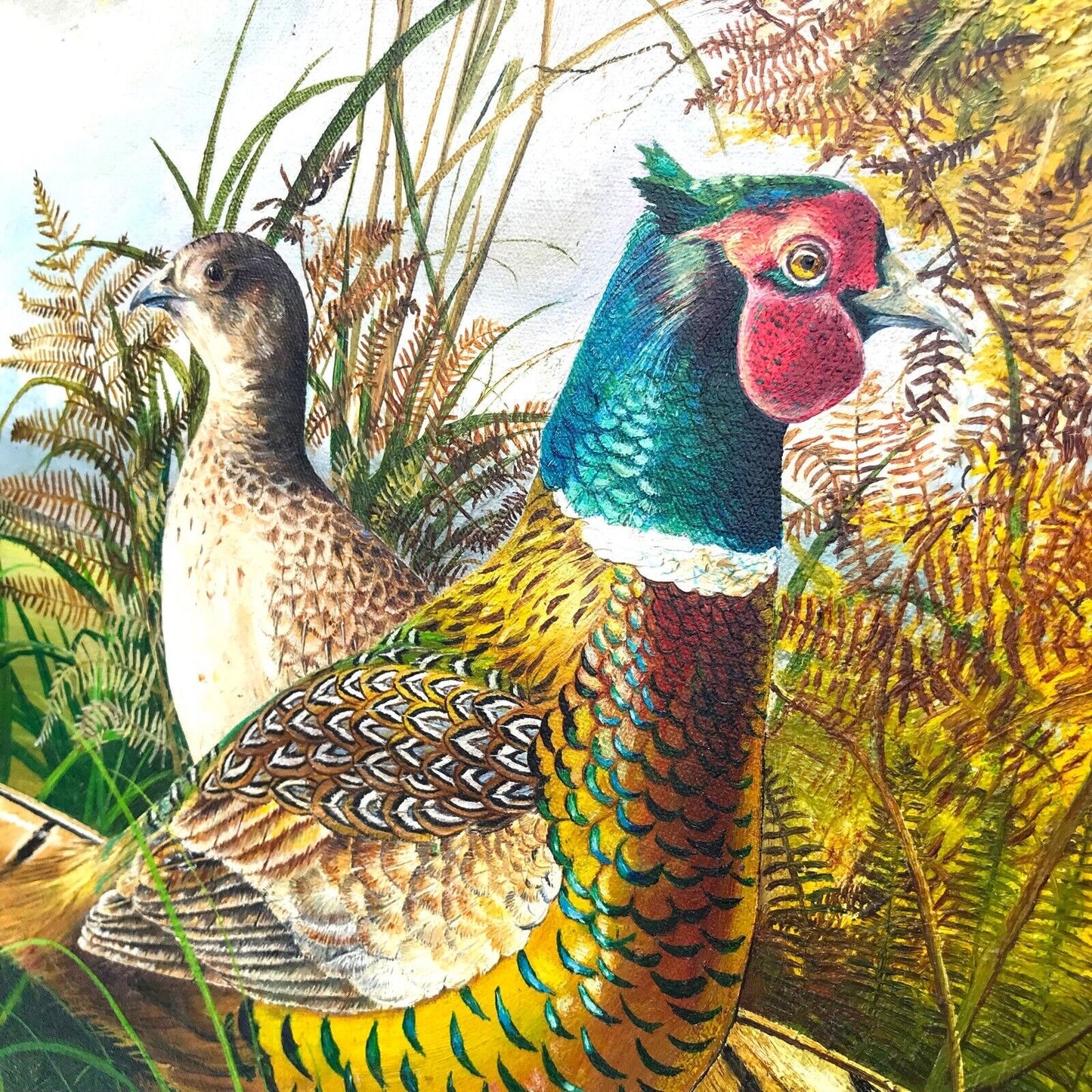 Stunning Large Hunting Scene Pheasants, Original Signed Oil Painting by P. Finch