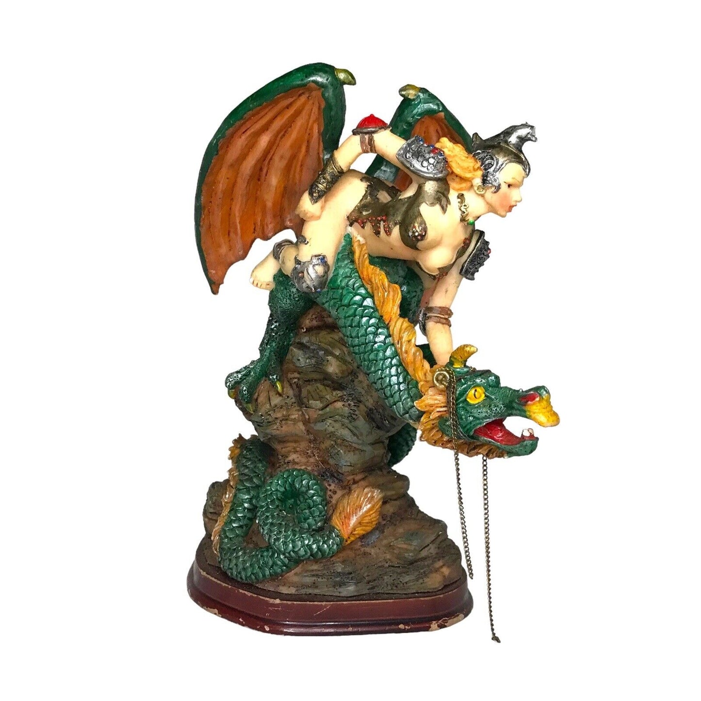 Amazonian Warrior Sitting on Green Dragon Mythical Fantasy Woman Dragon Rider