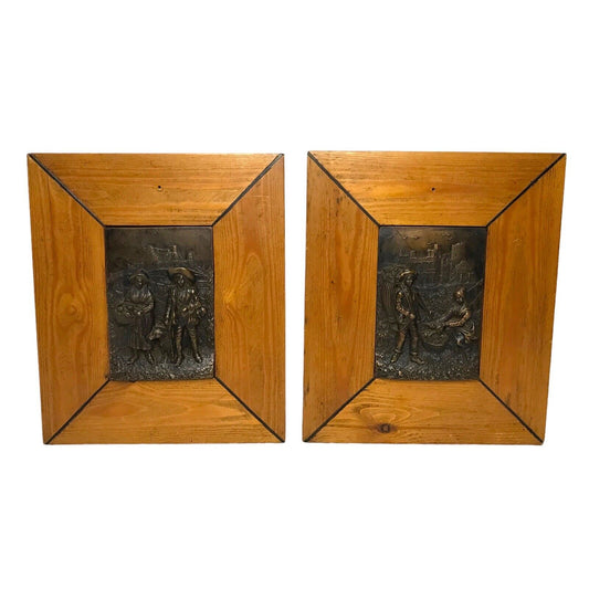 Mid-20th Century Vintage Copper Relief Art Plaques (Pair) - Pastoral Farm Scenes