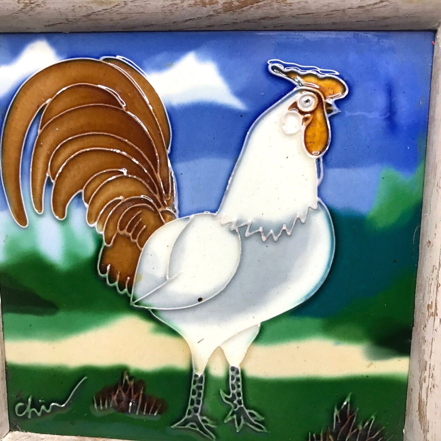 Framed Ceramic Art Tile of White Cockerel Rooster Chicken Handpainted Wall Art