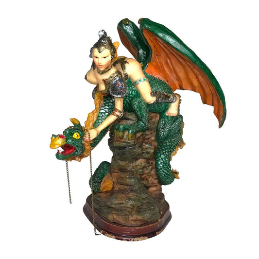 Amazonian Warrior Sitting on Green Dragon Mythical Fantasy Woman Dragon Rider