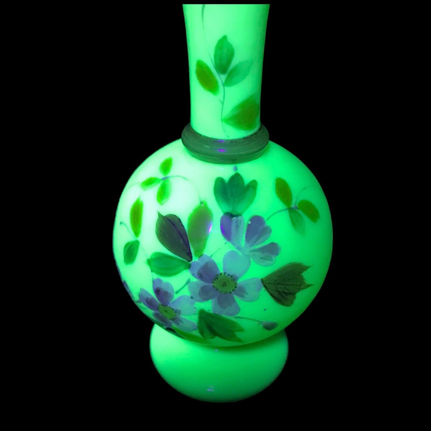 Antique Victorian Bristol Uranium Glass Vase - Floral Custard Milk Glass - 1890s